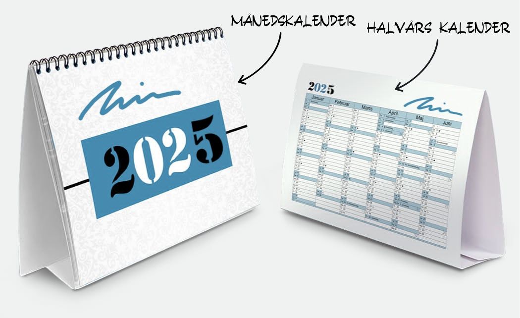 Bordkalender med logo og spiralryg stående på skrivebord