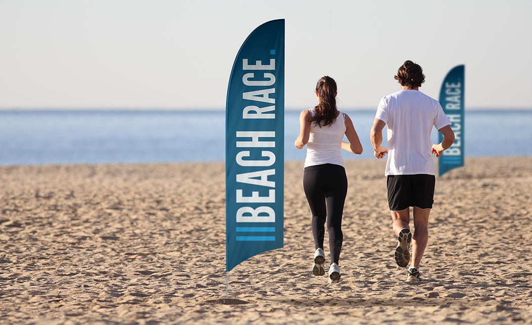 Beachflag med tryk i høj kvalitet.